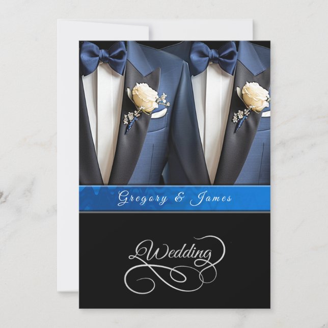 Wedding Blue Tuxedos White Roses Invitation (Front)