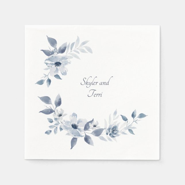 Wedding Blue Watercolor Floral Napkin (Front)