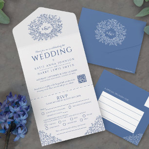 Wedding blue white circle of leaves QR  All In One Invitation