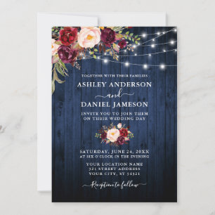 Wedding Blue Wood Burgundy Floral String Lights Invitation