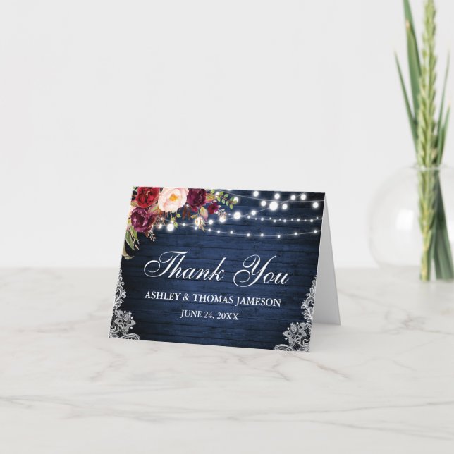 Wedding Blue Wood Floral Lights Lace Thanks Note Thank You Card (Front)