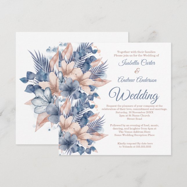 Wedding Blush Blue Peach Beige Floral White Invitation (Front/Back)