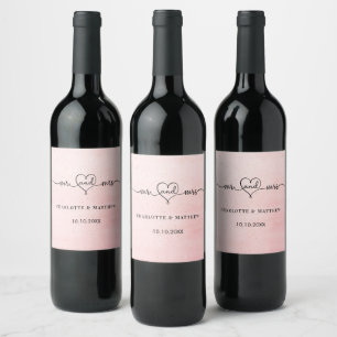Wedding blush mr mrs heart script wine label