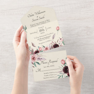 Wedding Blush Pink and Burgundy Floral Roses Cream All In One Invitation