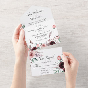 Wedding Blush Pink and Burgundy Floral Watercolor  All In One Invitation