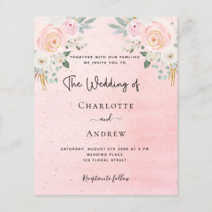 Wedding blush pink floral budget invitation flyer