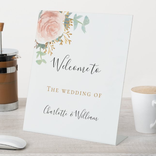 Wedding blush pink floral eucalyptus welcome pedestal sign (In SItu)