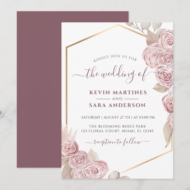 Wedding Blush Pink Floral Gold Invitation (Front/Back)
