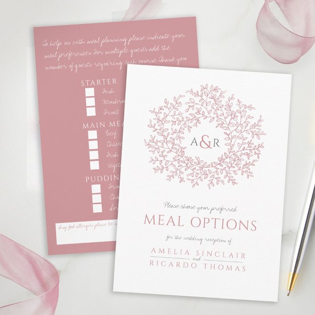 Wedding blush pink leaf monogram meal options enclosure card (Creator Uploaded)