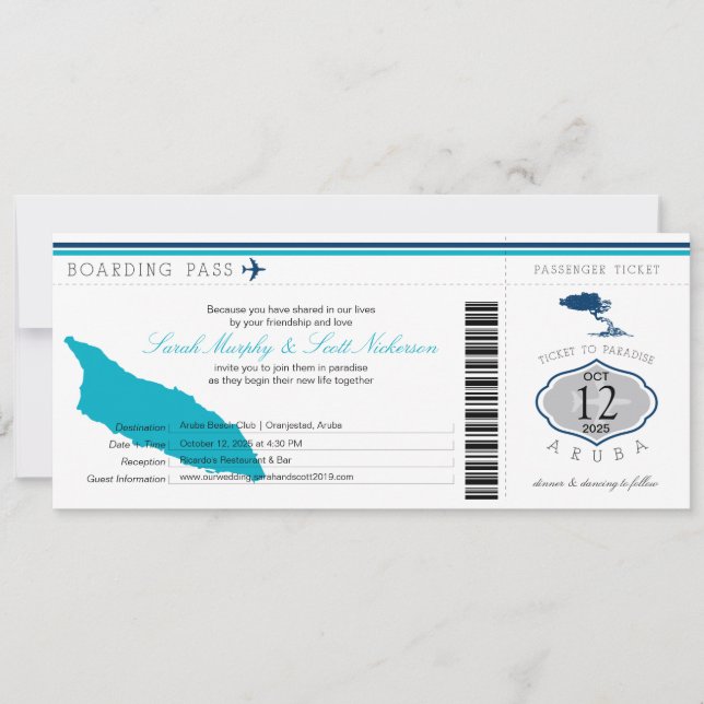 Wedding Boarding Pass to Aruba Invitation (Front)