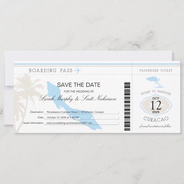 Wedding Boarding Pass to Curacao Save The Date (Front)