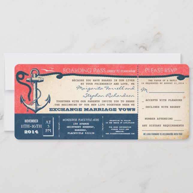 wedding boarding pass-vintage tickets with RSVP Invitation (Front)