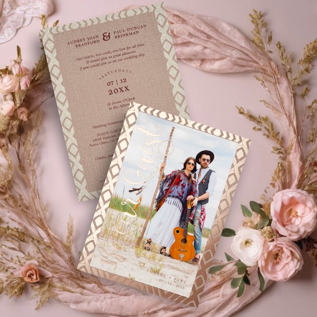Wedding  Bohemian Tribal Textile Background (Real Rose Gold Bohemian Tribal Textile Texture Background Photo Couple Metallic Foil Invitation.)