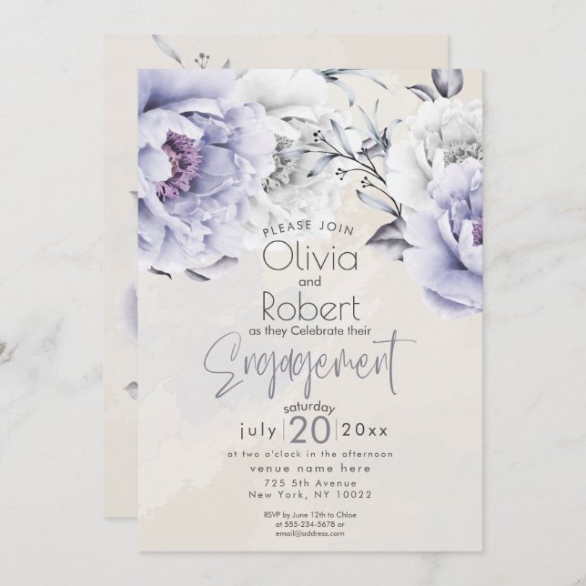 Wedding | Boho Rustic Lilac and Alabaster Peony Invitation (Front/Back)