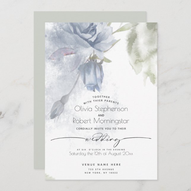 WEDDING  | Boho Watercolor Dusty Blue Rose  Invitation (Front/Back)
