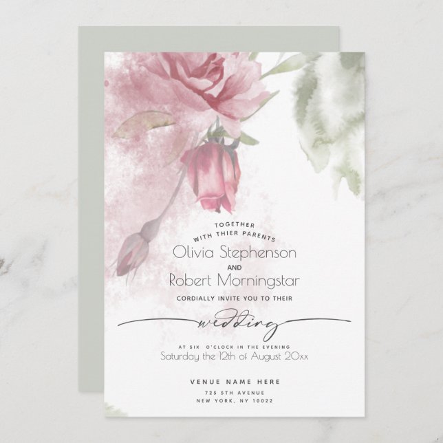 WEDDING  | Boho Watercolor Dusty Pink Rose and Bud Invitation (Front/Back)