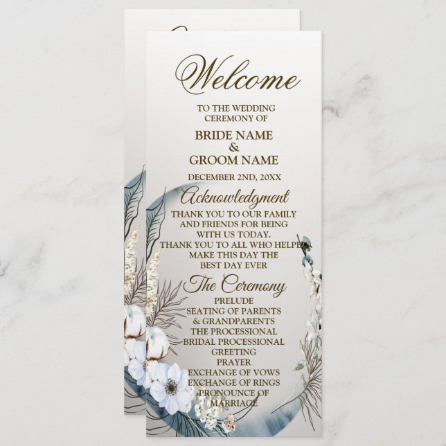 Wedding Boho White Orchid Flowers Blue Moon Party Programme (Front/Back)