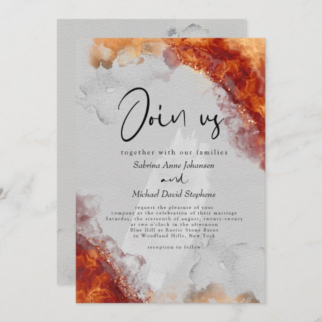 WEDDING | Bold Fiery Terracotta Alcohol Ink Invitation (Front/Back)