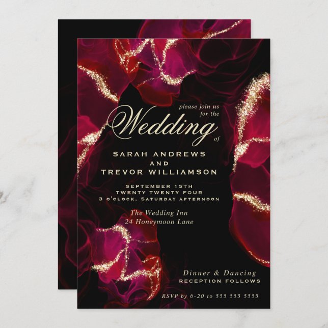 Wedding |  Bold Scarlet Alcohol Ink Invitation (Front/Back)