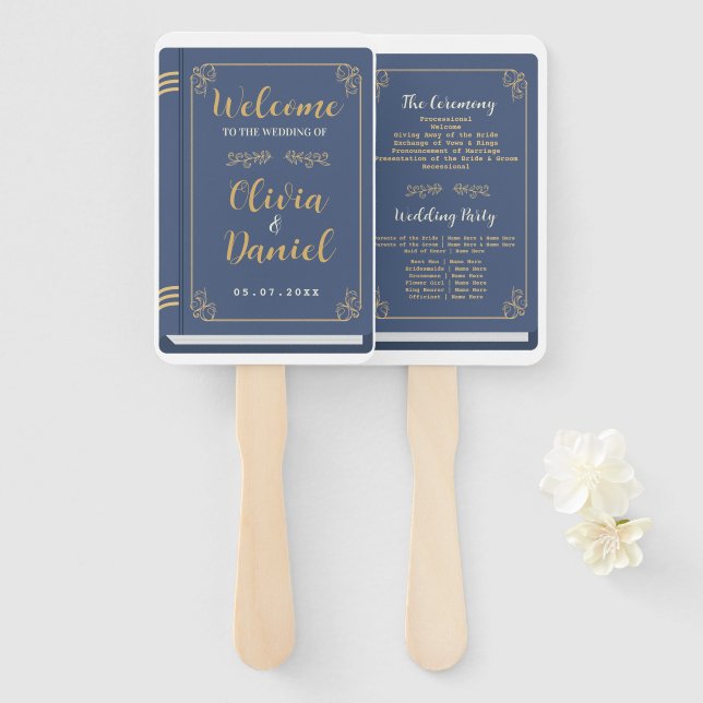 Wedding Book Hand Fan Modern Navy Programme (Front and Back)