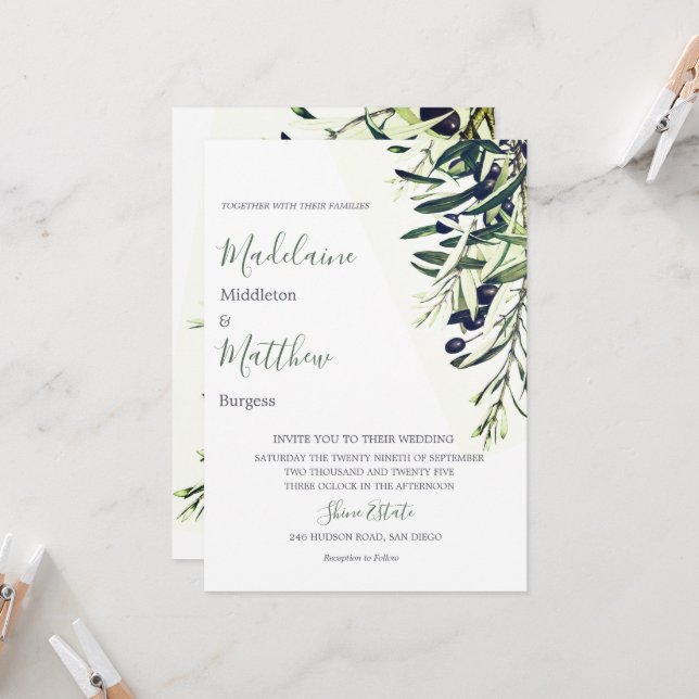 Wedding Botanical Italian Green Olive Branches Invitation (Front/Back In Situ)