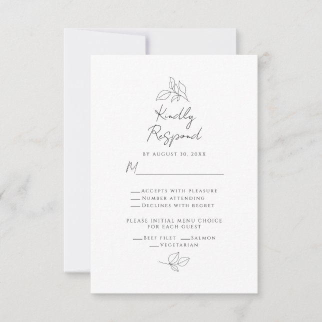 Wedding Botanical Leaves Black & White Meal Choice RSVP Card (Front)