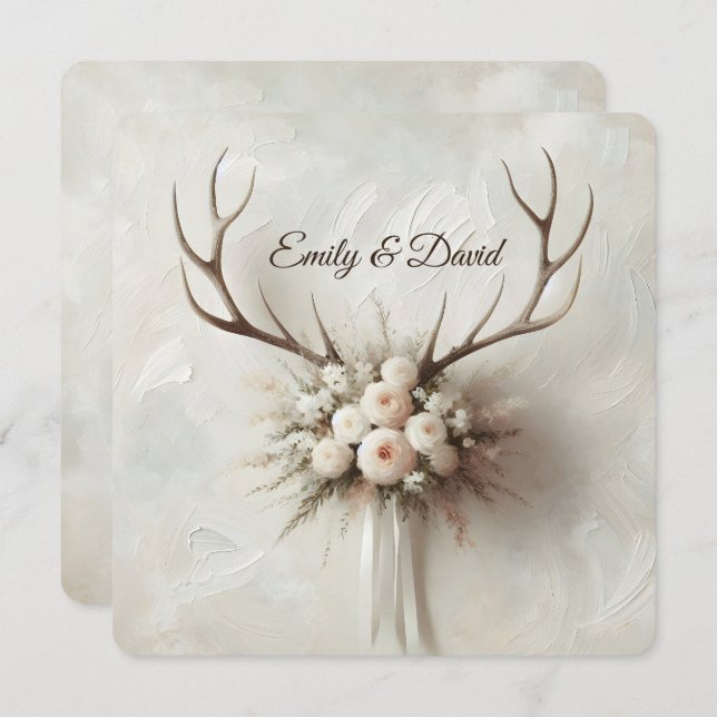 Wedding Bouquet and Deer Antlers Invitation (Front/Back)