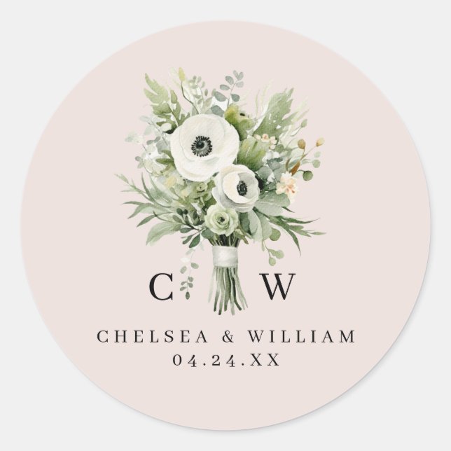 Wedding Bouquet Monogram Classic Round Sticker (Front)