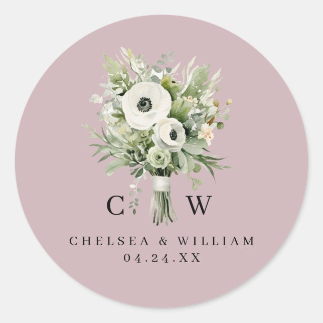 Wedding Bouquet Monogram Classic Round Sticker (Front)