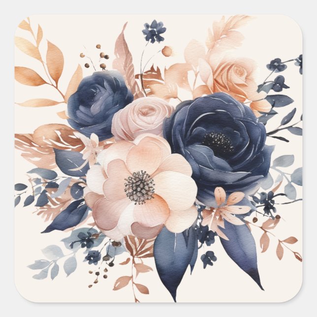 Wedding Bouquet Navy Peach Copper Square Sticker (Front)