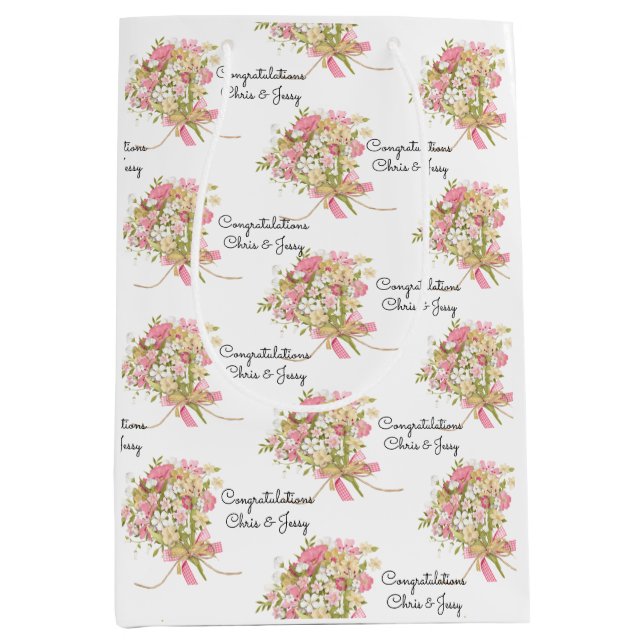 Wedding Bouquet of Flowers Add Names Pretty Medium Gift Bag (Front)