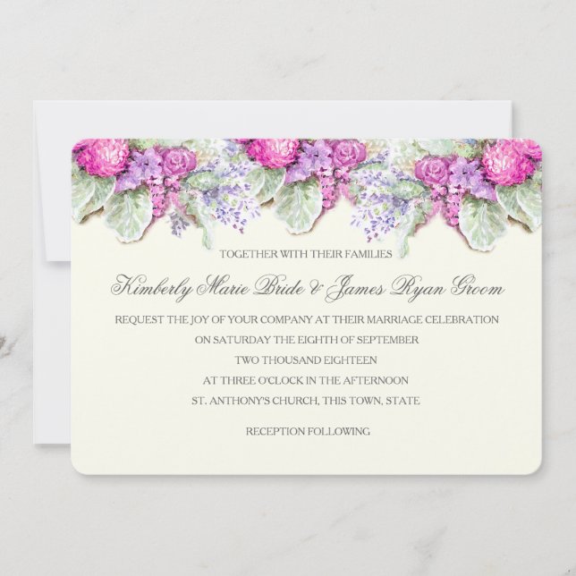 Wedding Bouquet Purples Watercolor Invitation (Front)