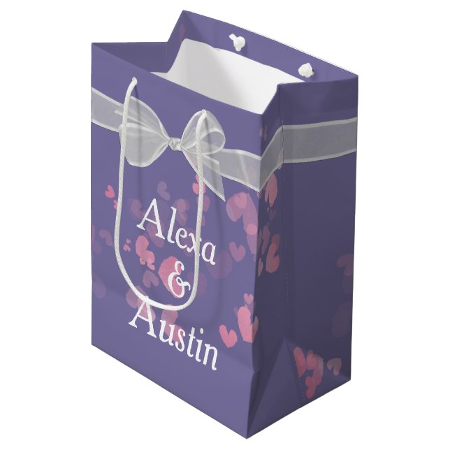 Wedding Bow On Purple With Hearts Medium Gift Bag (Front Angled)