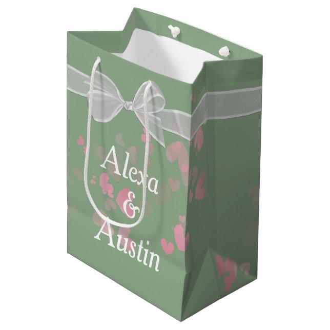 Wedding Bow On Sage Green With Hearts Medium Gift Bag (Front Angled)