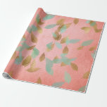 Wedding Bridal Coral Gold Falling Leafs Mint Wrapping Paper<br><div class="desc">Glam delicate pink coral,  green mint and gold autumn leaf backgrounds,  featuring faux gold foil,  scattered leaves and subtle distressed texture. 
The scattered leaf are created from real skeleton leaves.</div>