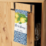 Wedding Bridal Shower Anniversary Gift custom Tea Towel<br><div class="desc">Wedding Bridal Shower Anniversary Gift personalised name tea kitchen towel. Mediterranean Amalfi coast blue tiles pattern and lemons,  blue and yellow combination. Makes a lovely wedding gift,  bridal shower gift,  anniversary gift or any occasion special gift.</div>
