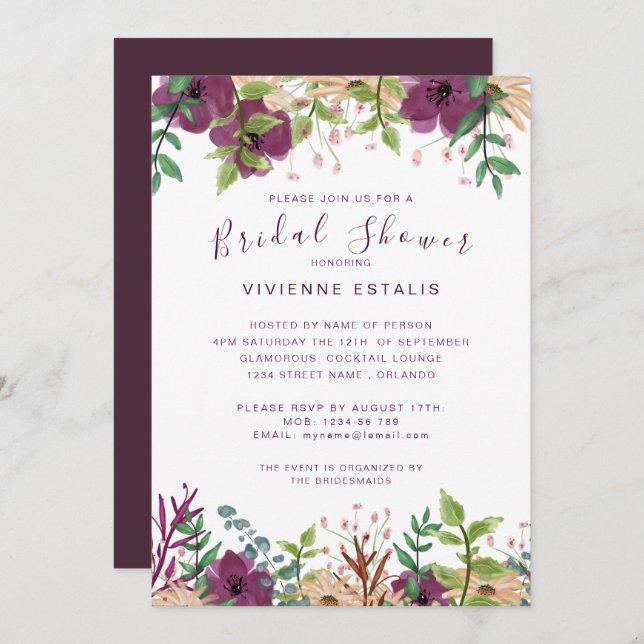 Wedding bridal shower burgundy floral border invitation (Front/Back)