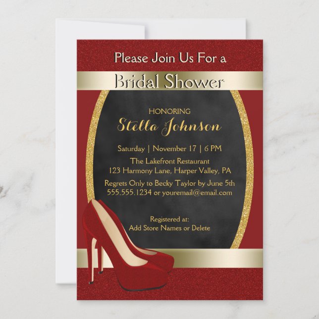 Wedding Bridal Shower | Chic Gold Red High Heels Invitation (Front)