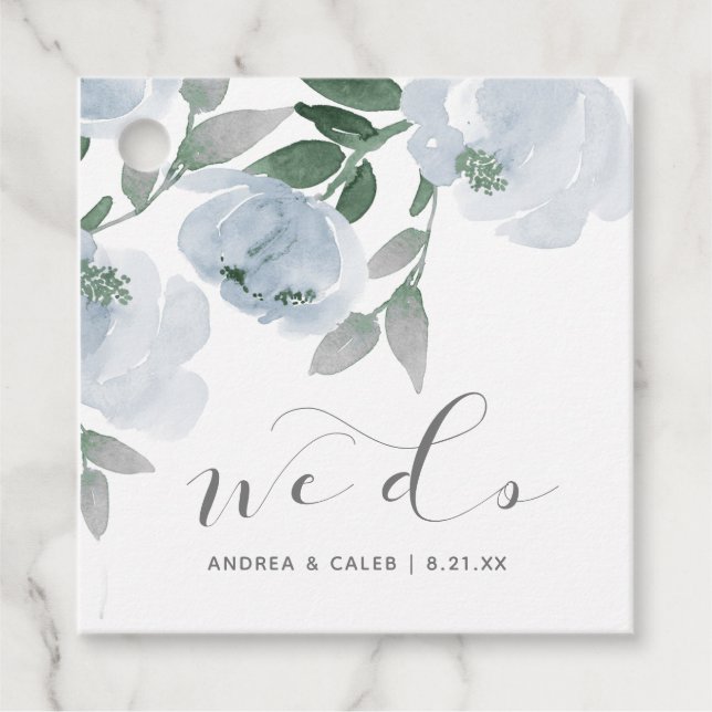 Wedding Bridal Shower Dusty Blue Watercolor Floral Favour Tags (Front)