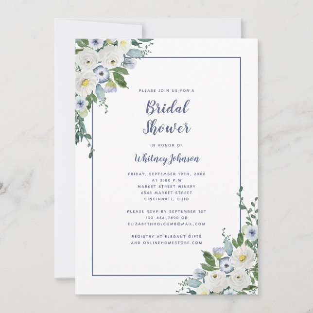 Wedding Bridal Shower Elegant Floral Blue White Invitation (Front)