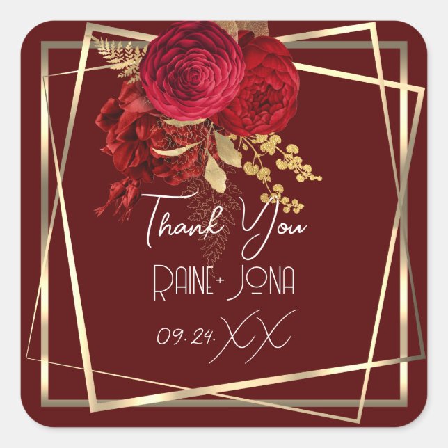 Wedding Bridal Shower Favour Red Floral Burgundy  Square Sticker (Front)