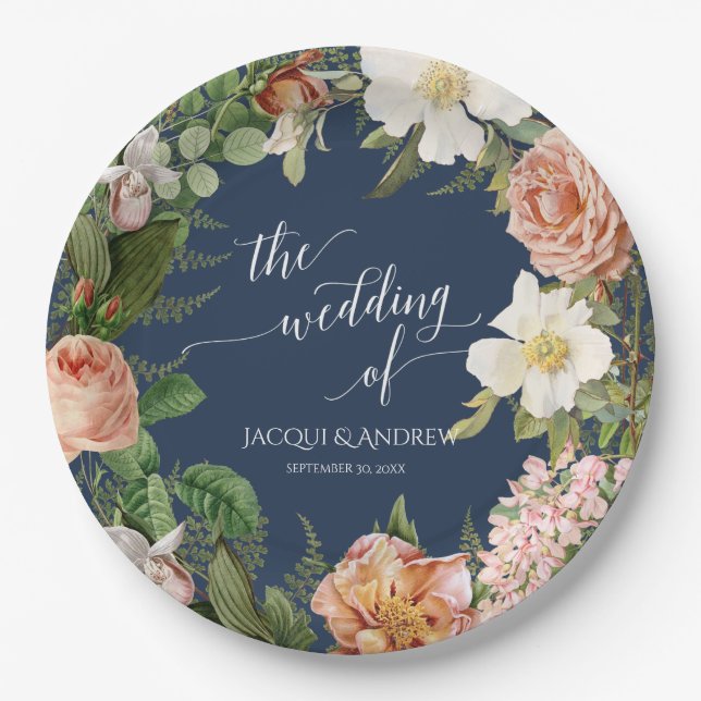 Wedding Bridal Shower Navy Blush Ivory Rose Wreath Paper Plate (Front)