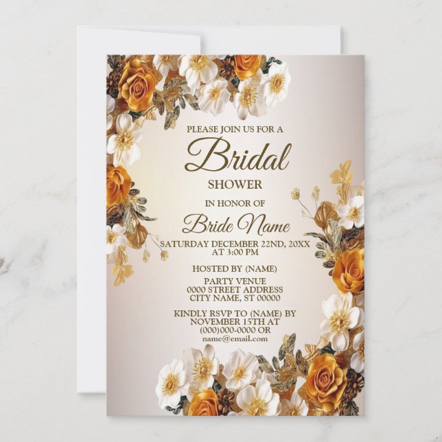 Wedding Bridal Shower Party Golden White Flowers Invitation (Front)