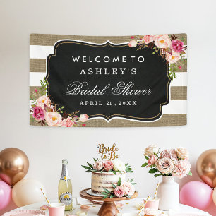 Wedding Bridal Shower Rustic Burlap Stripes Floral Banner