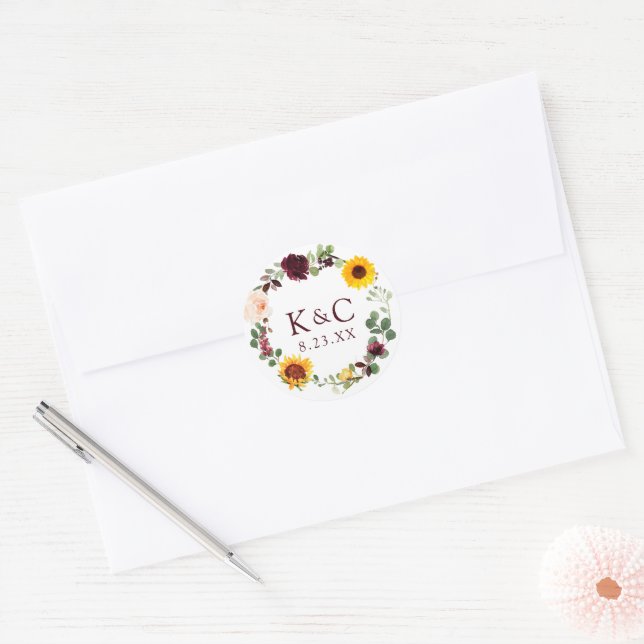 Wedding Bridal Shower Sunflower Roses Burgundy Classic Round Sticker (Envelope)