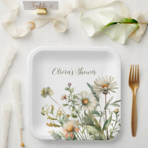 Wedding Bridal Shower White Daisies Paper Plate