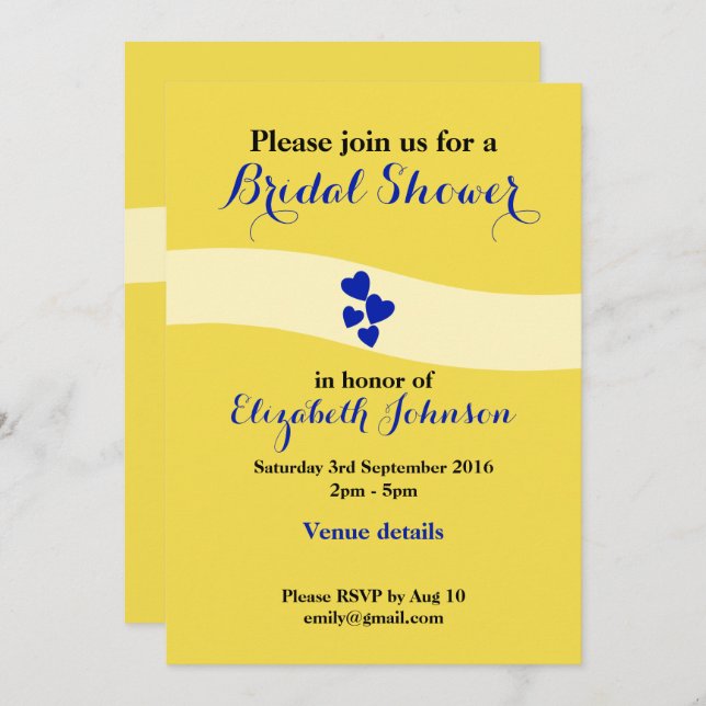 Wedding bridal shower yellow and blue with hearts invitation (Front/Back)