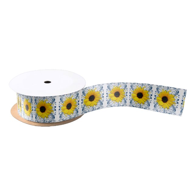 Wedding Bridal Shower Yellow Navy Sunflower Flower Satin Ribbon (Spool)