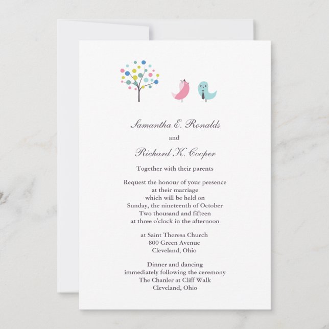 Wedding Bride and Groom Birds Flat Invitation (Front)