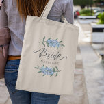 Wedding Bride Blue Botanical Floral Personalised Tote Bag<br><div class="desc">A blue floral bride wedding, a floral botanical blue beautiful flower, a stylish trendy calligraphy script font, an elegant girly chic feminine bag, a garden greenery leaves foliage, a creative calligraphy script text, a from the bride gift idea, a pretty summer spring garden bouquet, an elegant light blue tiny flowers,...</div>